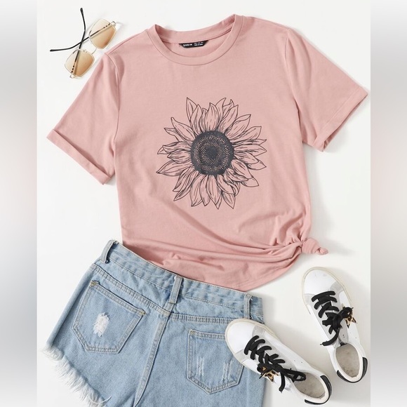 SHEIN SHEIN EZwear Rolled Sleeve Sunflower Print Tee‎ in Pink, Size XS, NIB - Picture 8 of 10